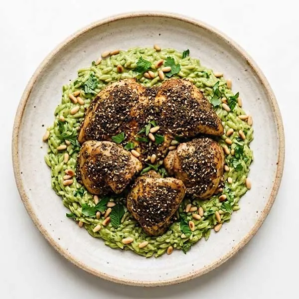 Za'atar Crusted Roasted Chicken with Green Tahini Orzo